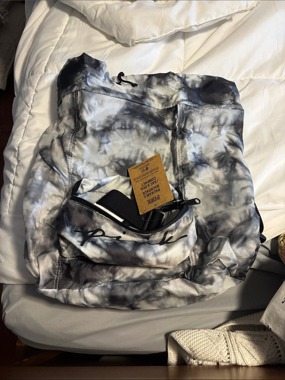 PINK Packable Backpack Pouch - Gray Tie-Dye Print
